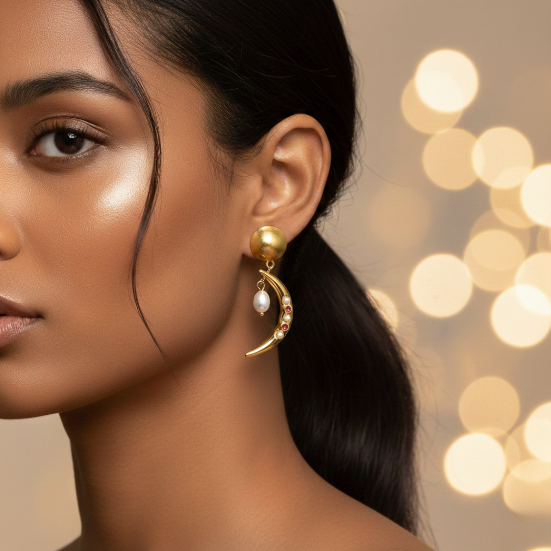 "Lunar Pearl" Crescent Moon Drop Earrings