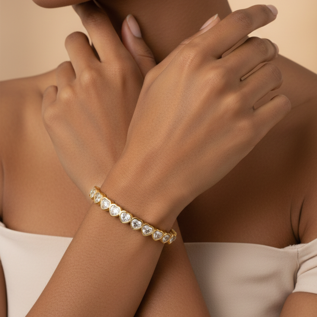 Heart-Cut Cubic Zirconia Gold-Tone Open Cuff Bangle