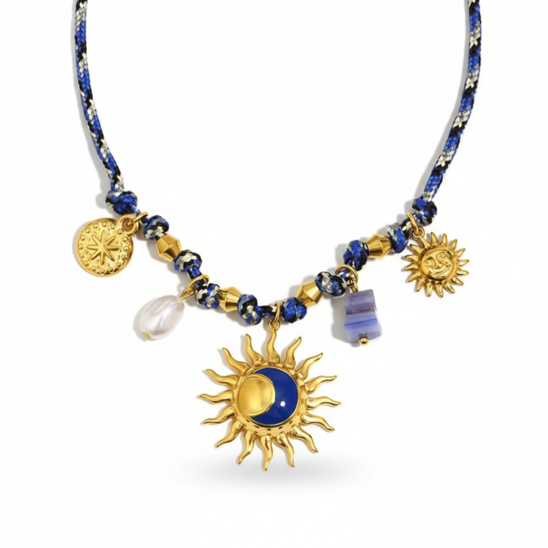 "Solaris Charm" Blue Woven Cord Statement Necklace