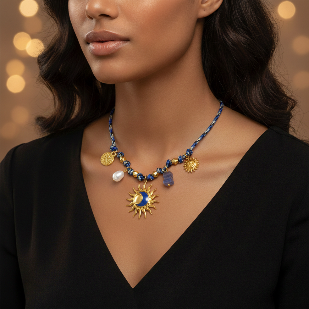 "Solaris Charm" Blue Woven Cord Statement Necklace