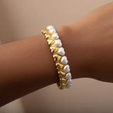 Romantic Dual-Layer Heart Motif Pearl and Gold Bangle