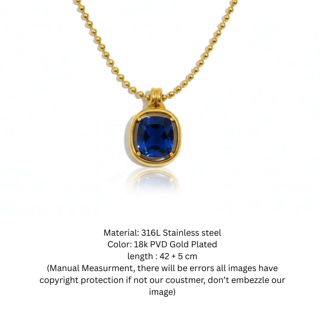 Cushion-Cut Sapphire Blue Crystal Pendant with Gold-Tone Ball Chain