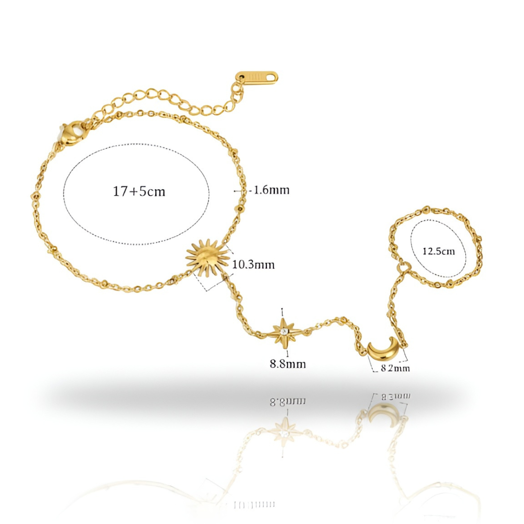 Celestial Sun, Moon, and Star 18K Gold Plated Hand Chain Bracelet