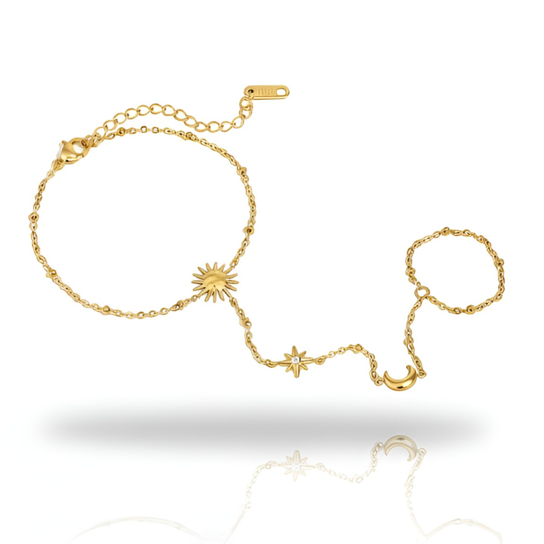 Celestial Sun, Moon, and Star 18K Gold Plated Hand Chain Bracelet