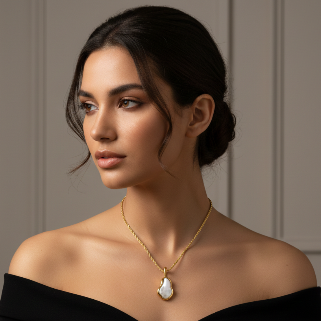 Organic Irregular Mother of Pearl Pendant on 18K Gold Plated Rope Chain