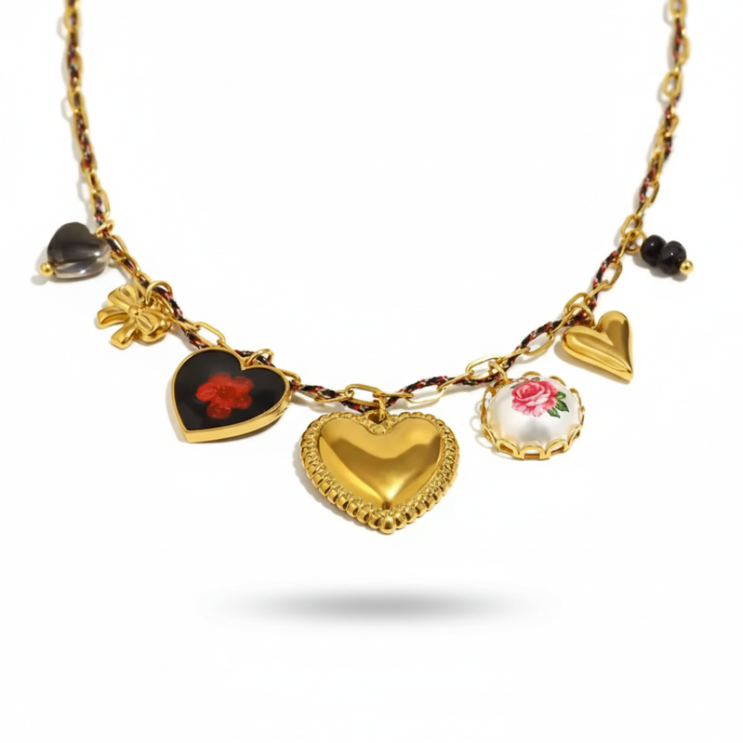 "Amora Vintage" Multi-Heart Charm Statement Necklace