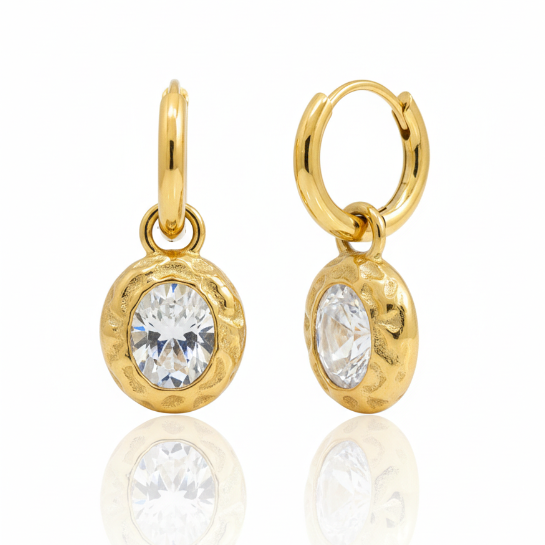 Hammered 18K Gold Plated Oval Drop Earrings with Brilliant Center Stone
