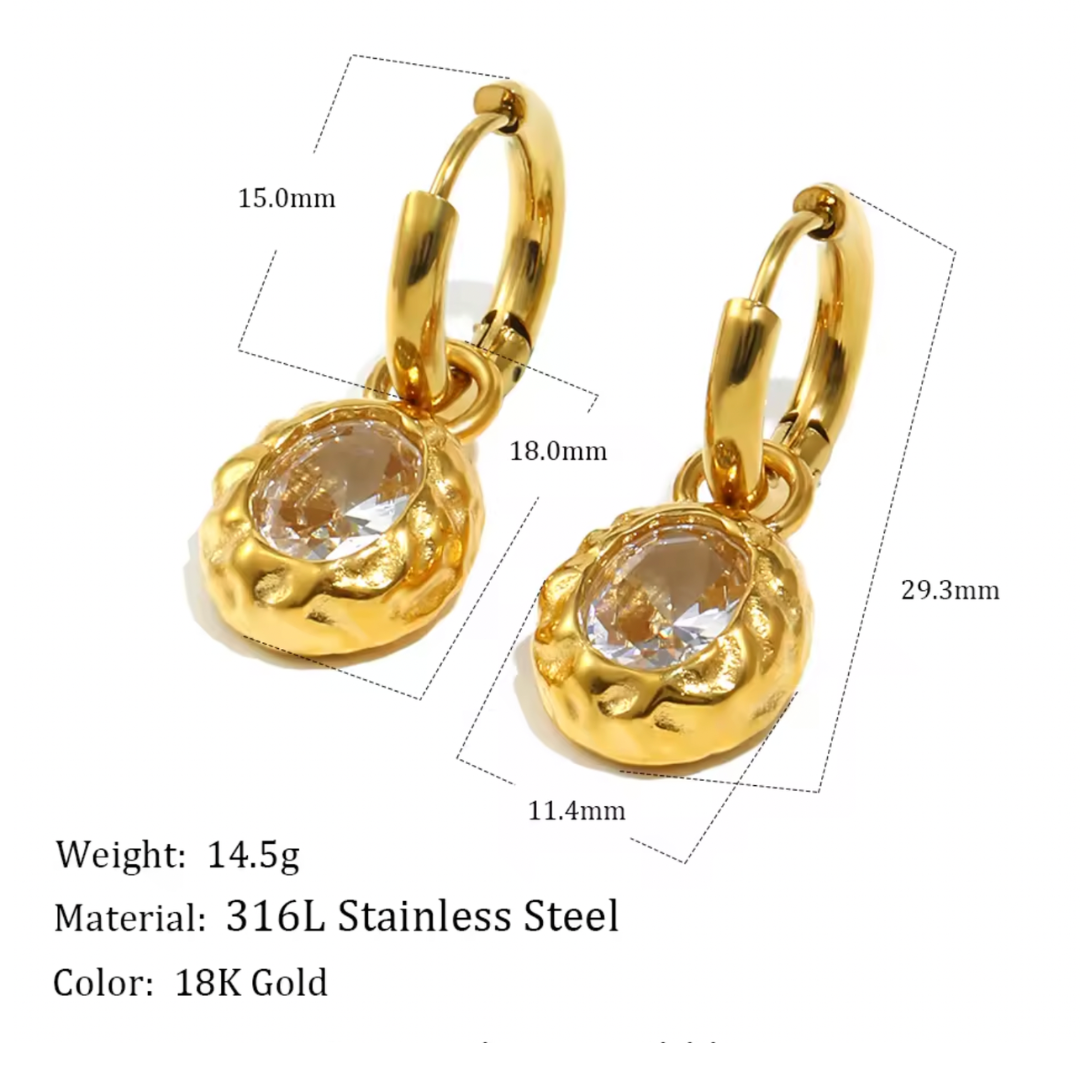 Hammered 18K Gold Plated Oval Drop Earrings with Brilliant Center Stone