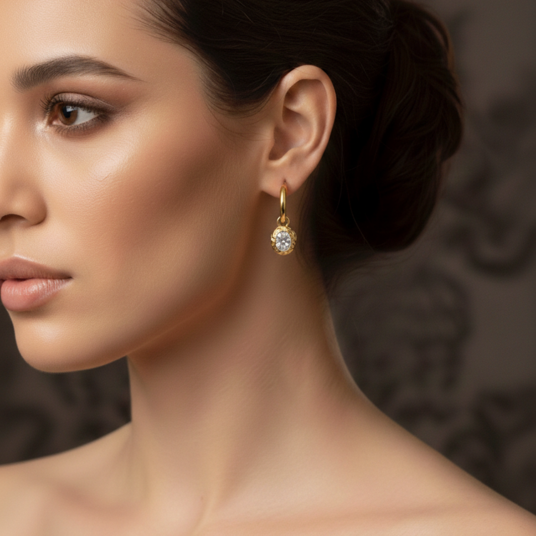 Hammered 18K Gold Plated Oval Drop Earrings with Brilliant Center Stone