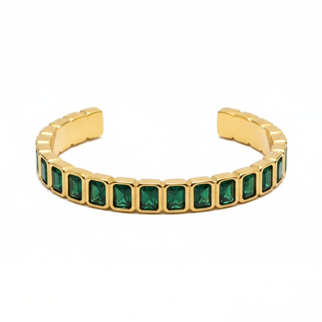 Emerald-Cut Green Crystal Gold-Plated Open Cuff Bangle