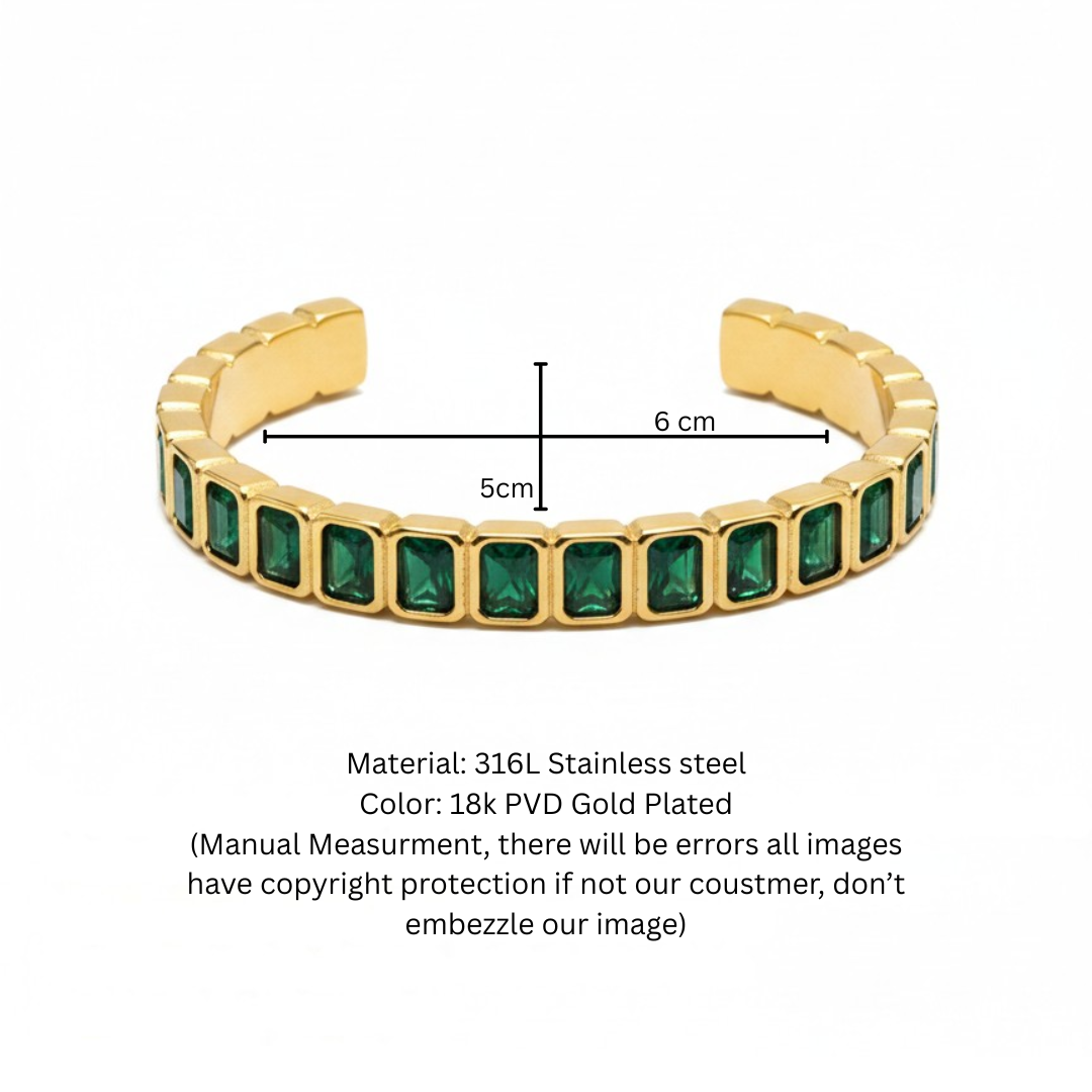Emerald-Cut Green Crystal Gold-Plated Open Cuff Bangle