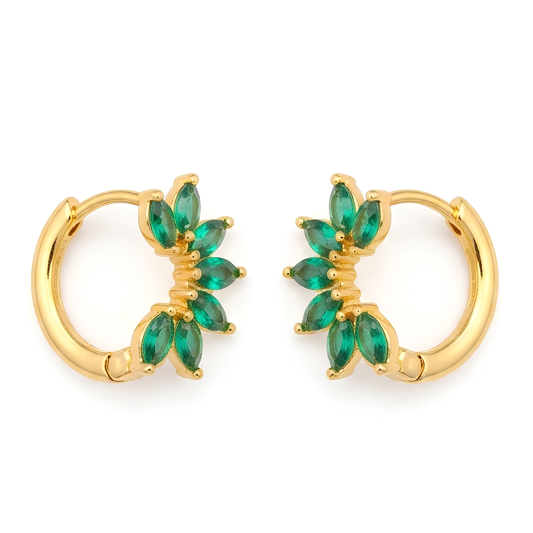 Emerald Marquise Fan Gold Huggie Hoop Earrings