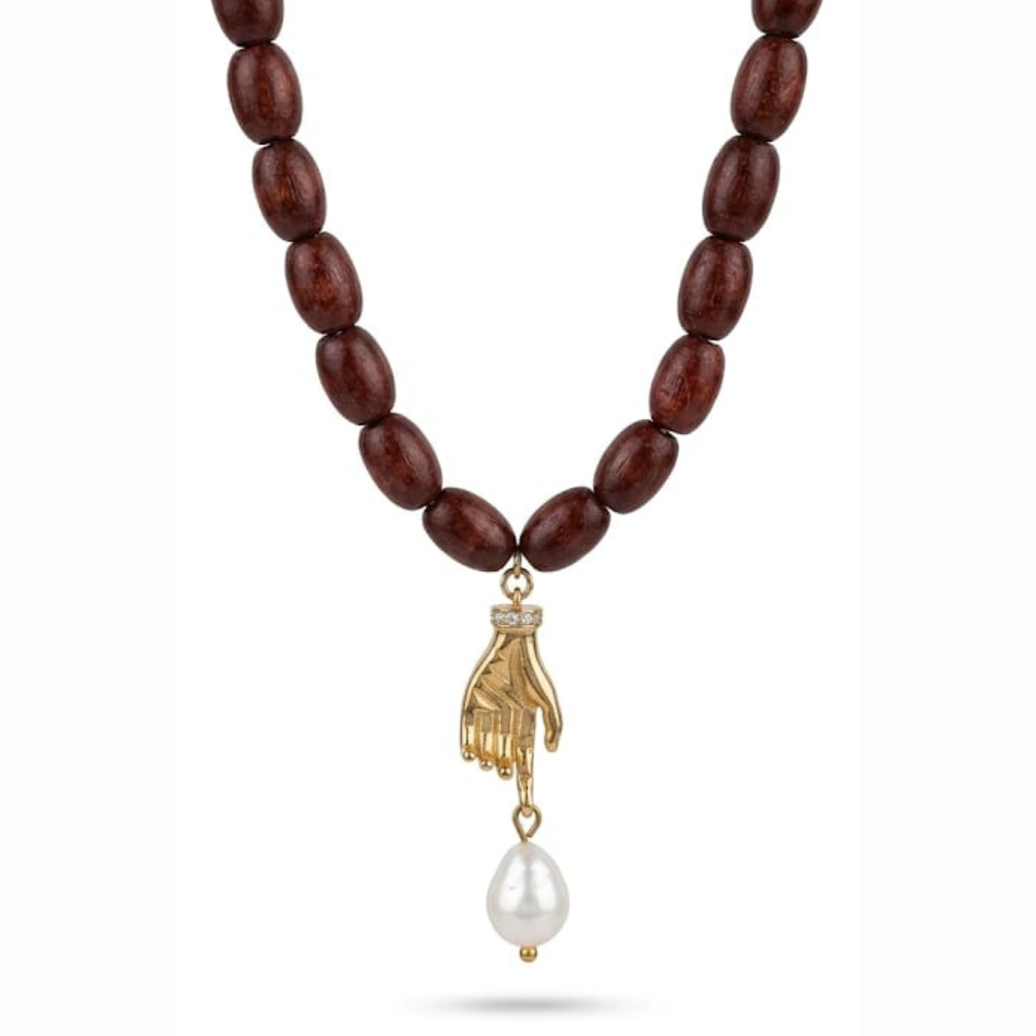 Anti-Tarnish Gold Hand Charm & Baroque Pearl Wooden Bead Necklace