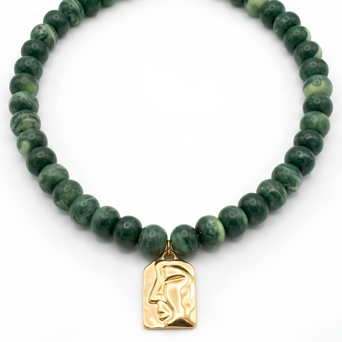 Anti-Tarnish Sculpted Face Gold Pendant & Green Marble Bead Necklace