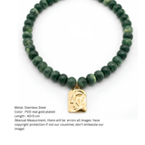 Anti-Tarnish Sculpted Face Gold Pendant & Green Marble Bead Necklace