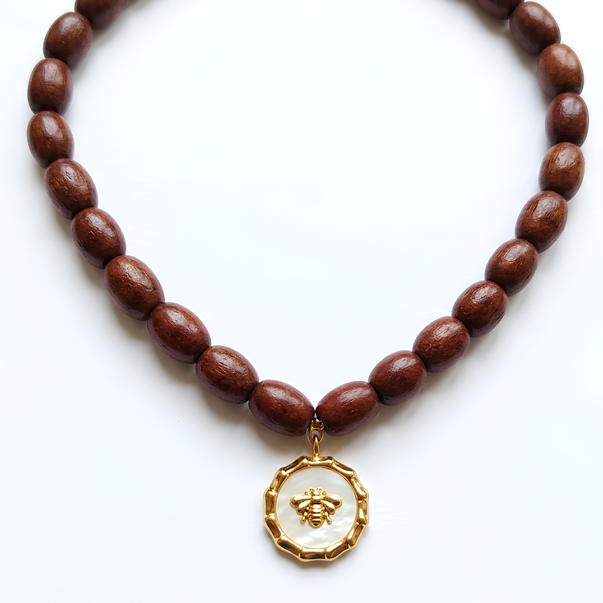 Anti-Tarnish Honeybee Mother-of-Pearl Medallion & Wooden Bead Necklace