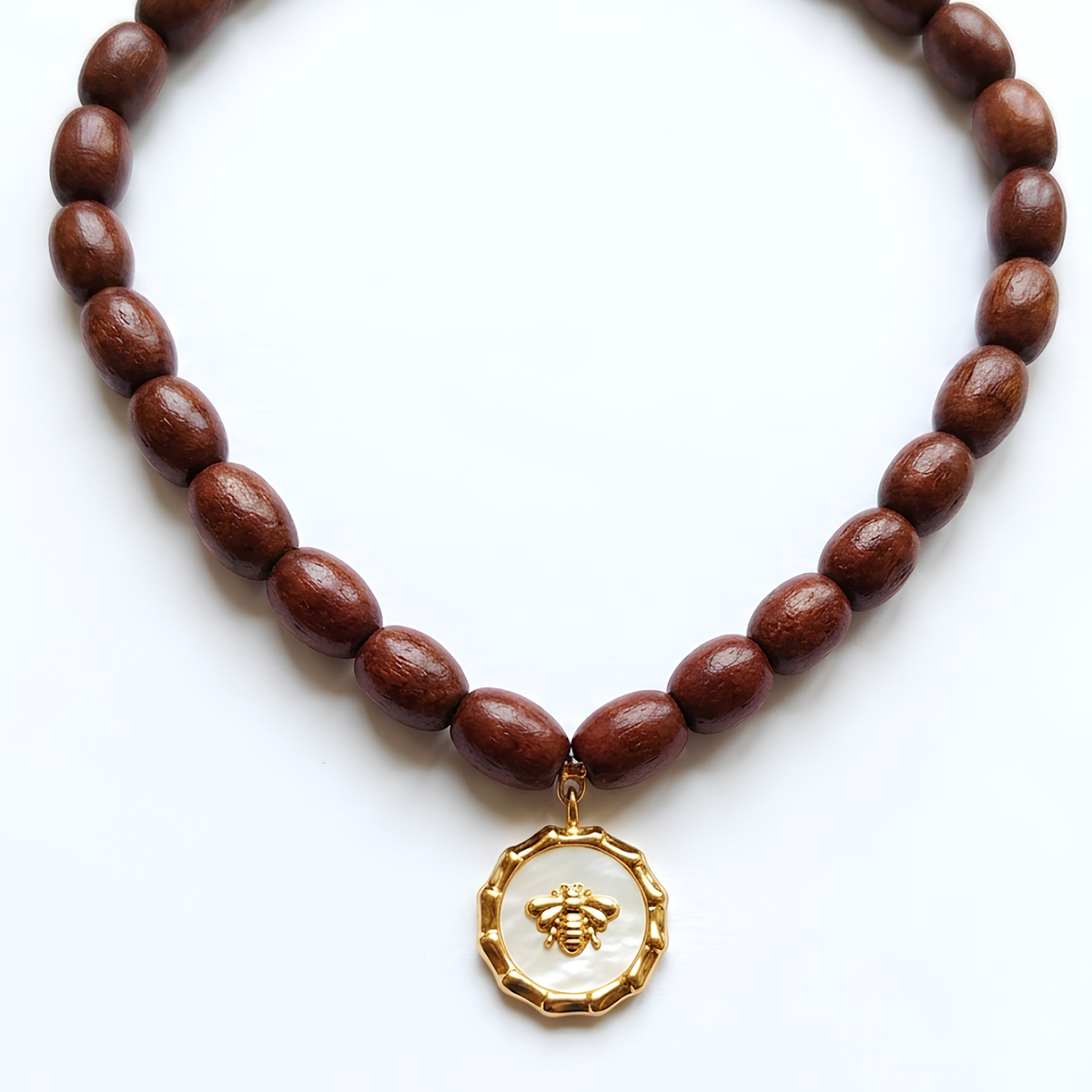 Anti-Tarnish Honeybee Mother-of-Pearl Medallion & Wooden Bead Necklace