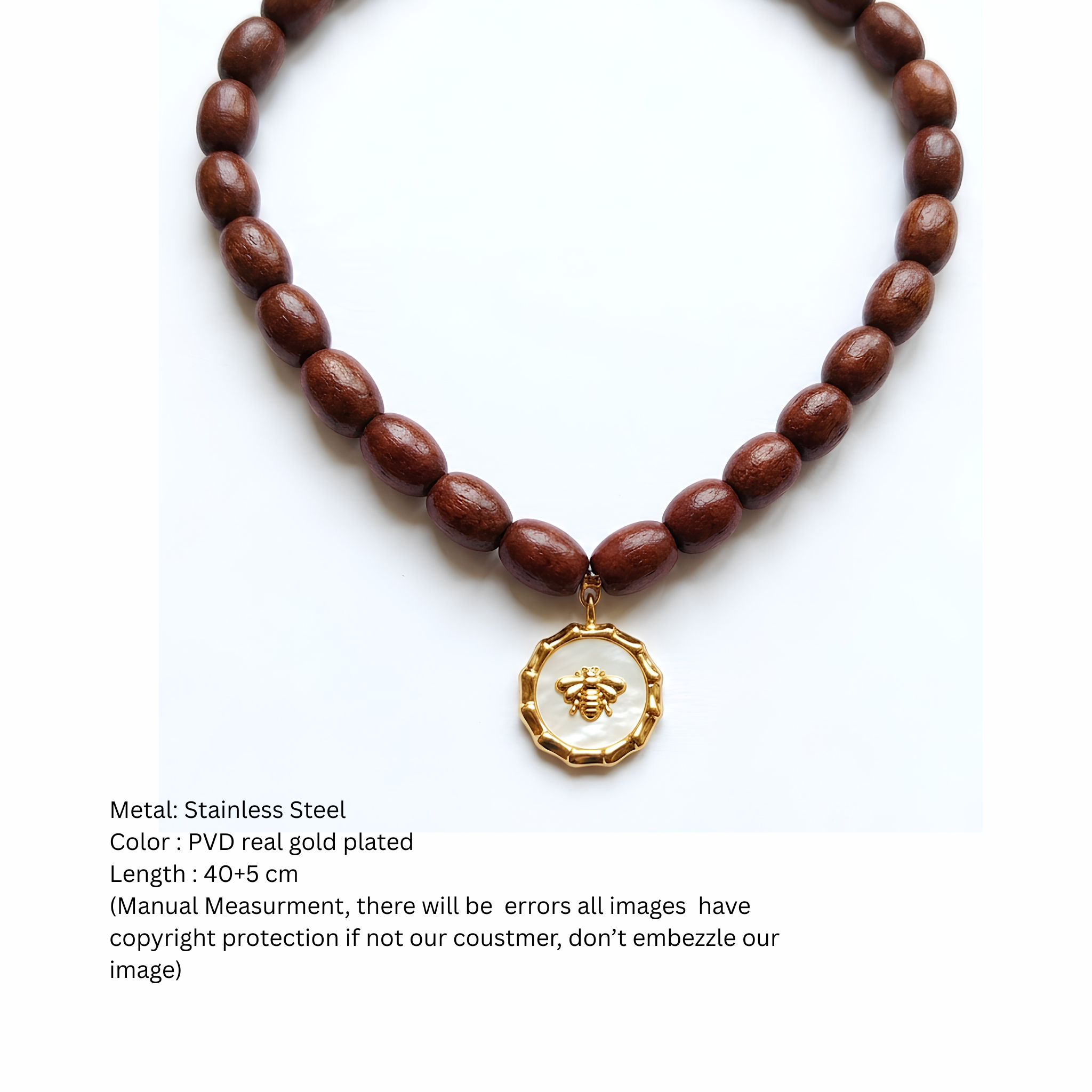 Anti-Tarnish Honeybee Mother-of-Pearl Medallion & Wooden Bead Necklace