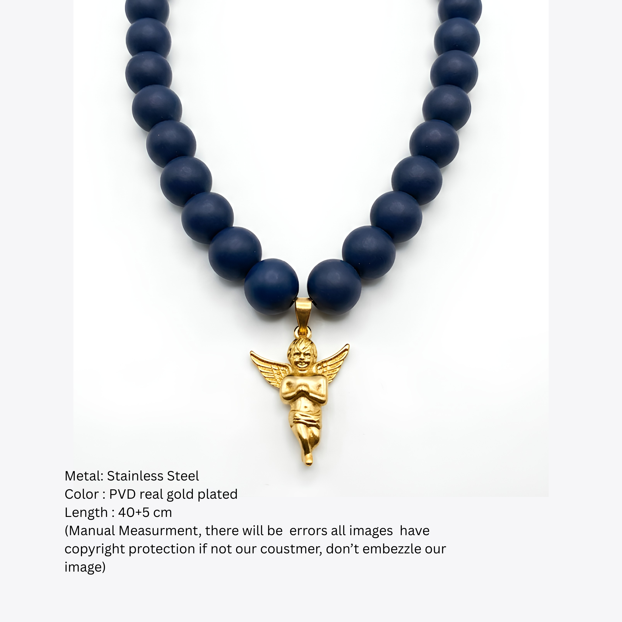 Anti-Tarnish Sculpted Cherub Angel Gold Pendant & Matte Navy Bead Necklace
