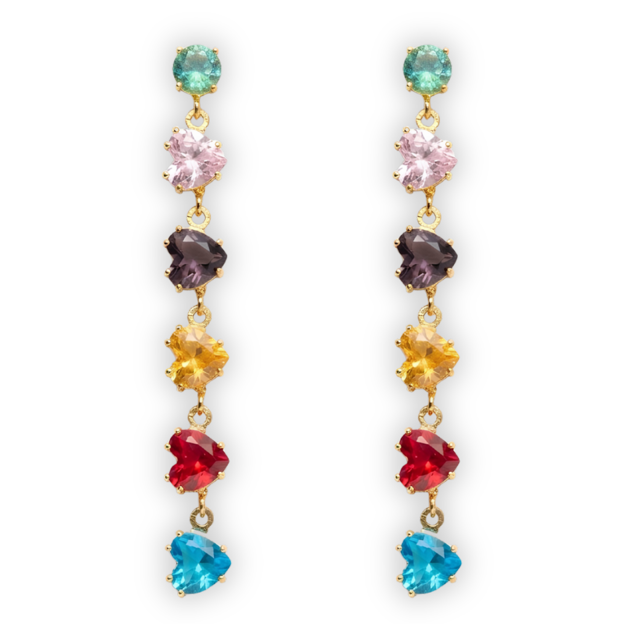Anti-Tarnish Rainbow Heart Crystal Drop Earrings