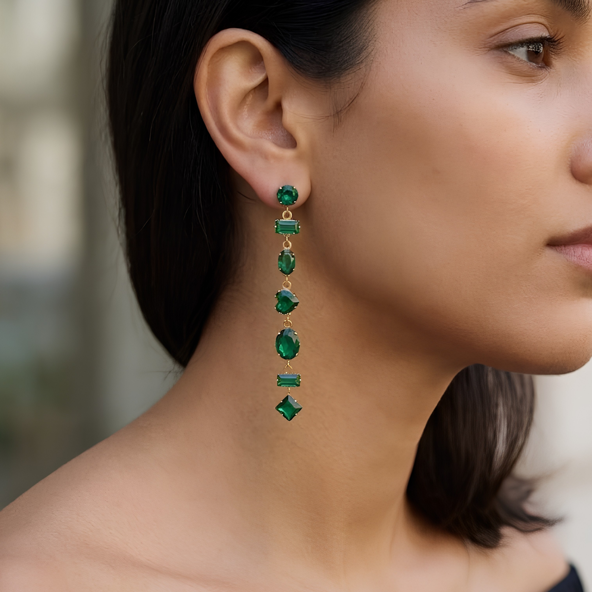 Anti-Tarnish Emerald Green Multi-Cut Crystal Drop Earrings