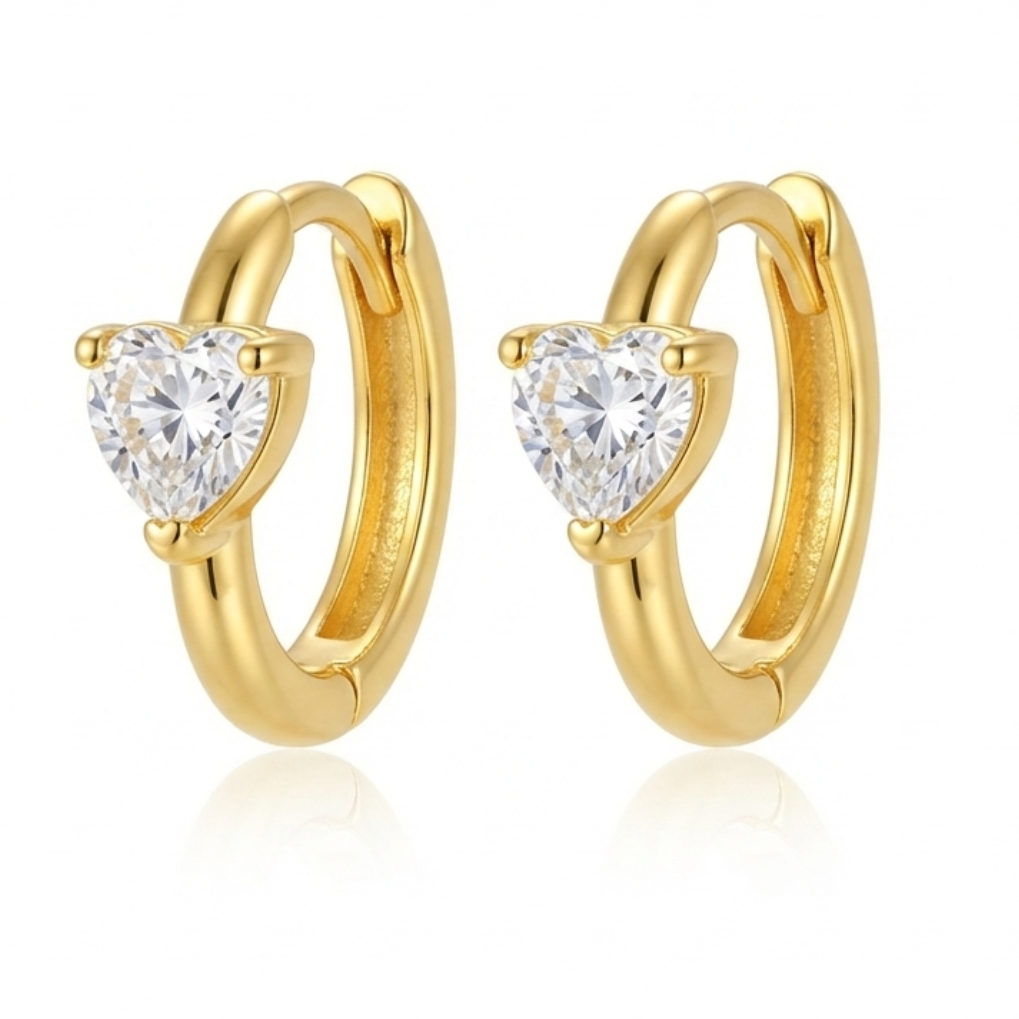 Clear Heart Solitaire Gold Huggie Hoop Earrings