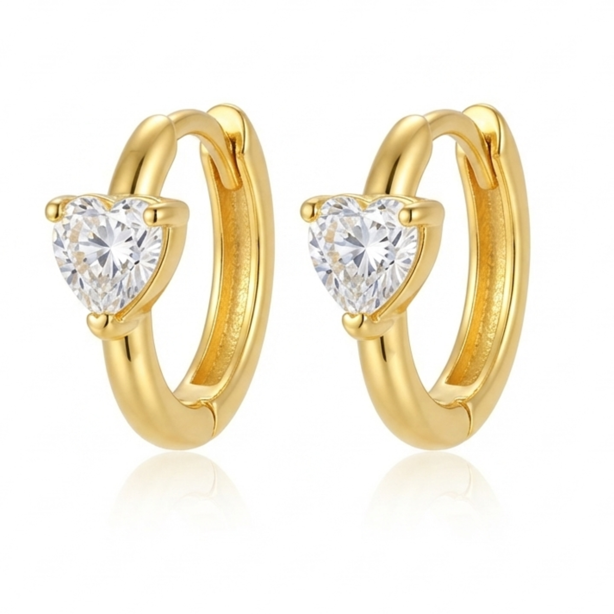Clear Heart Solitaire Gold Huggie Hoop Earrings
