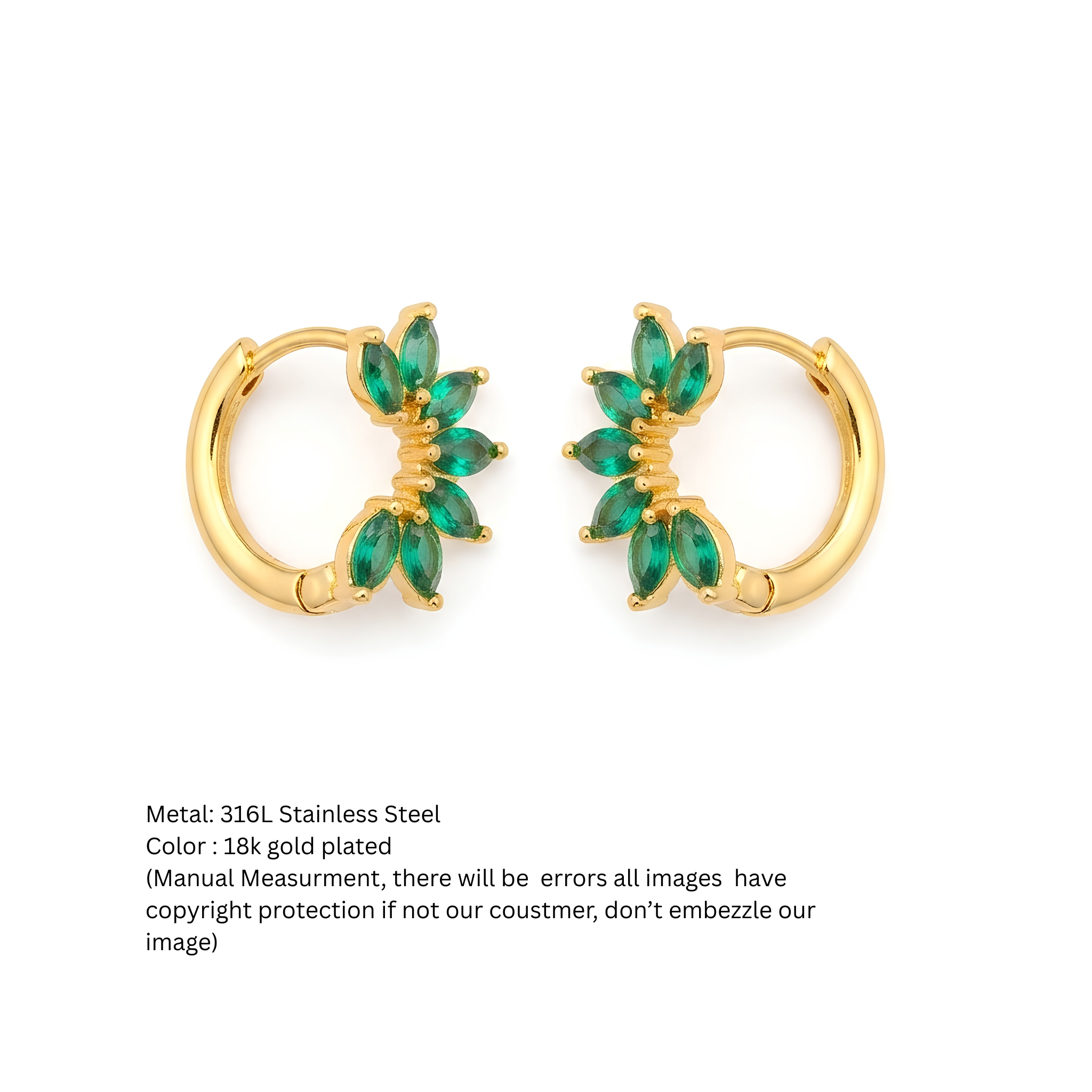 Emerald Marquise Fan Gold Huggie Hoop Earrings