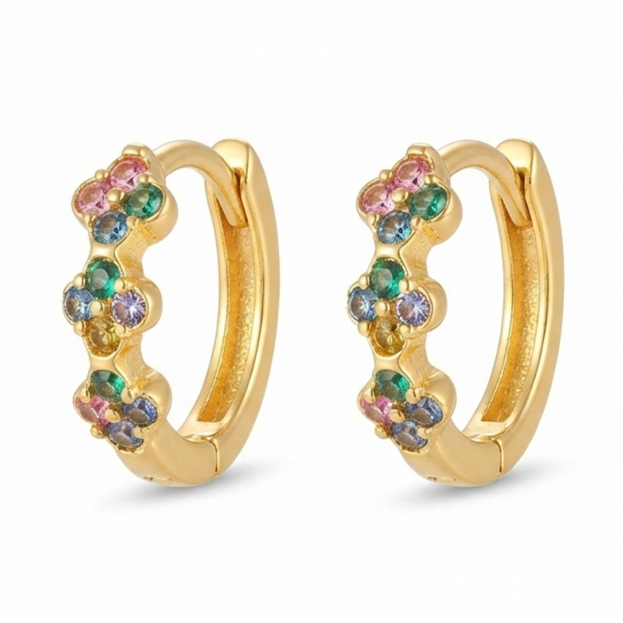 Multicolor Flower Cluster Gold Huggie Hoop Earrings