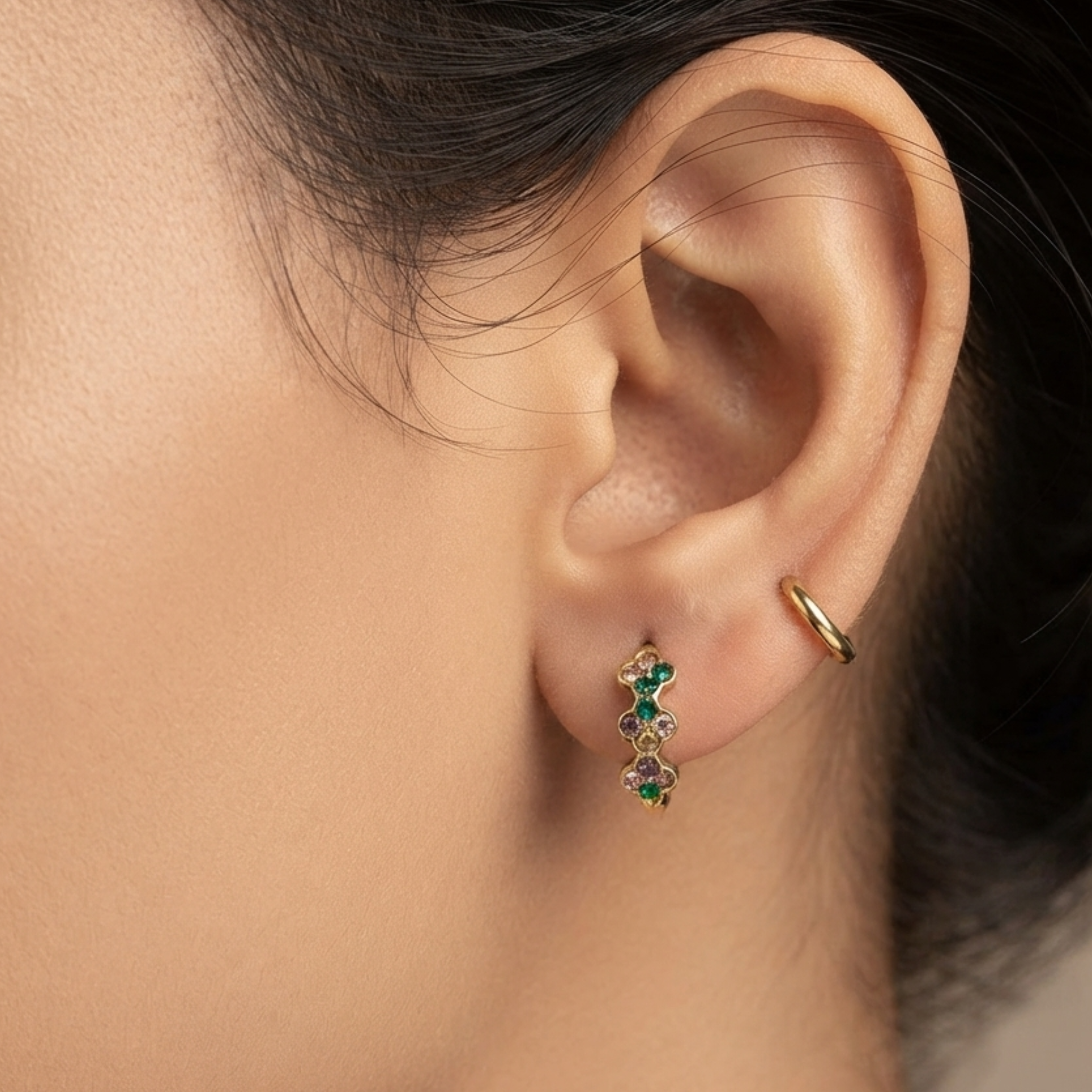 Multicolor Flower Cluster Gold Huggie Hoop Earrings