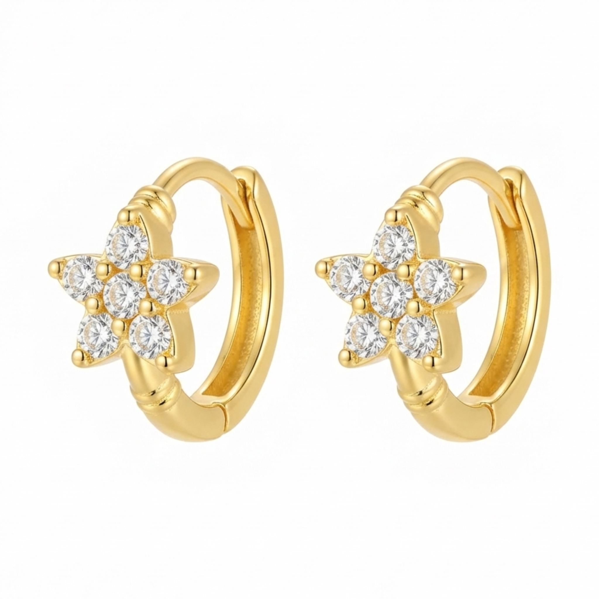 Clear Star Flower Crystal Gold Huggie Hoop Earrings