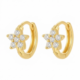 Clear Star Flower Crystal Gold Huggie Hoop Earrings