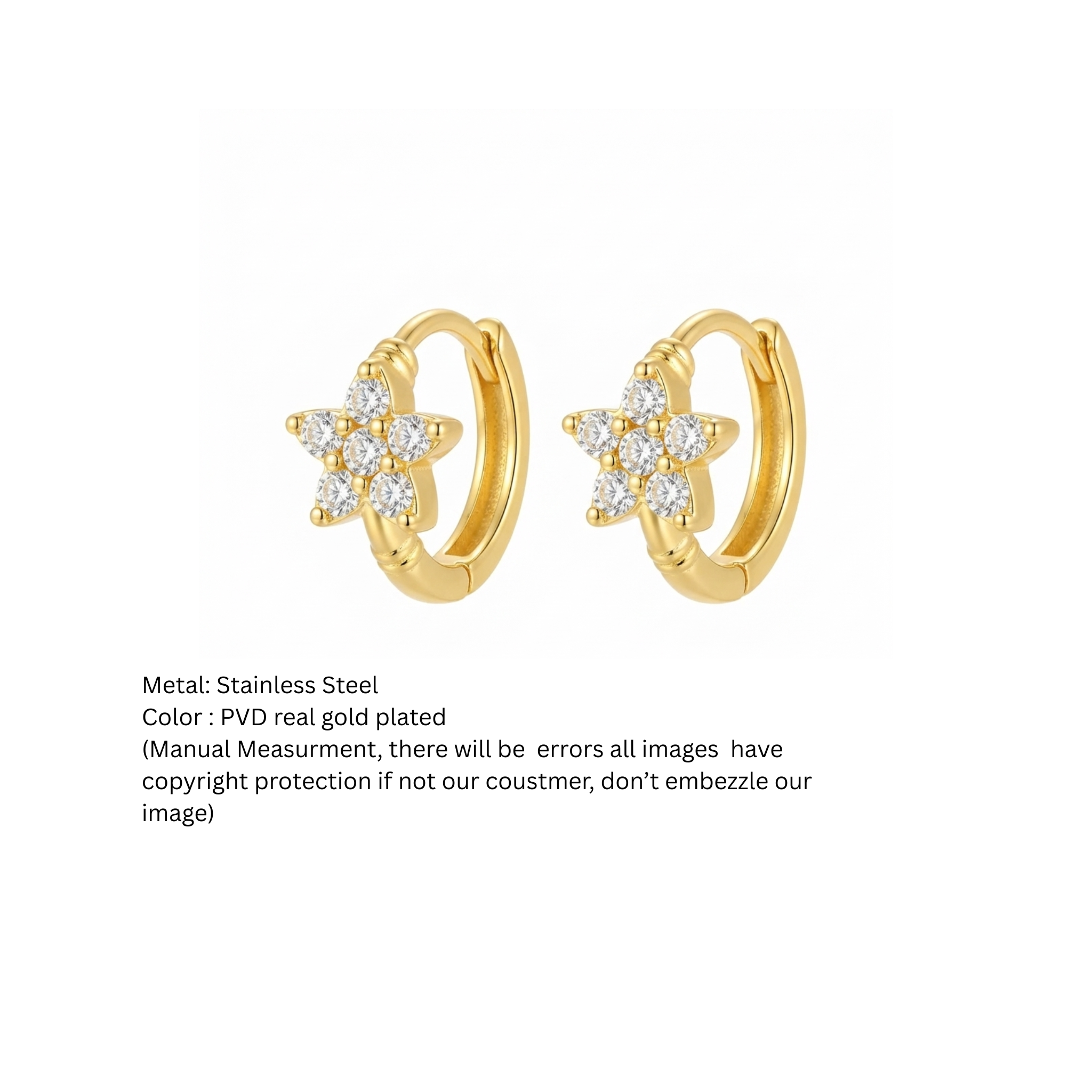 Clear Star Flower Crystal Gold Huggie Hoop Earrings