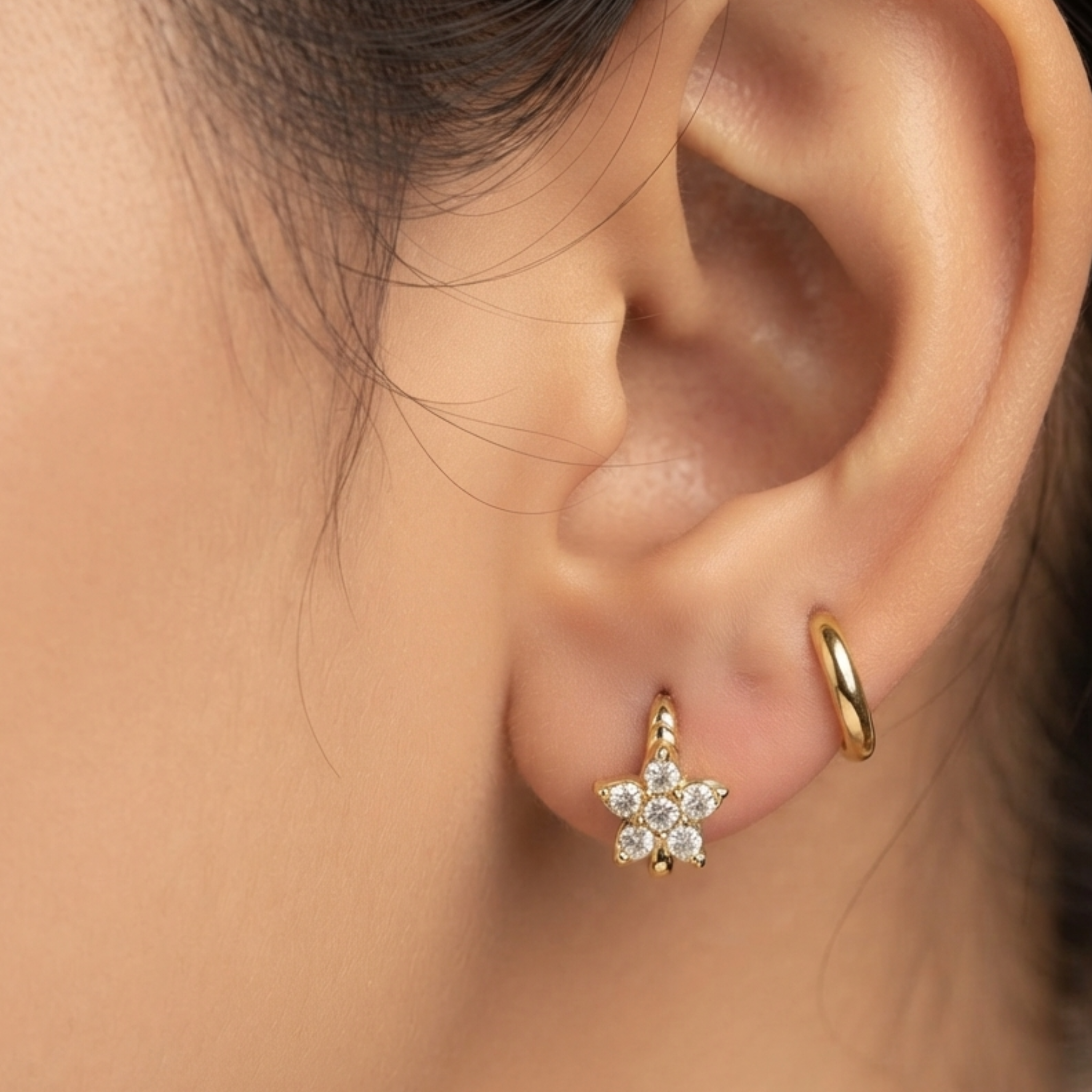 Clear Star Flower Crystal Gold Huggie Hoop Earrings
