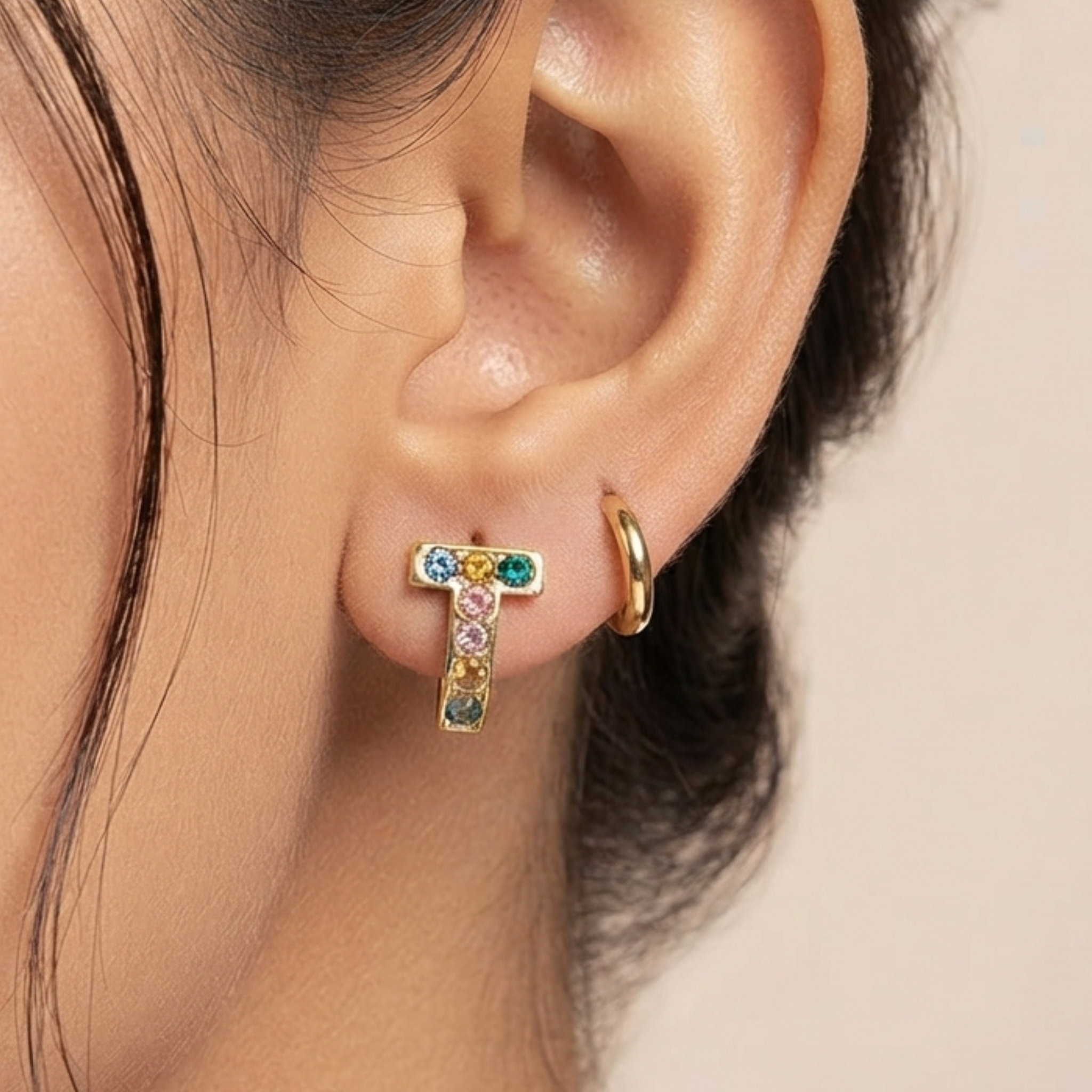 Multicolor Initial 'T' Gold Huggie Hoop Earrings