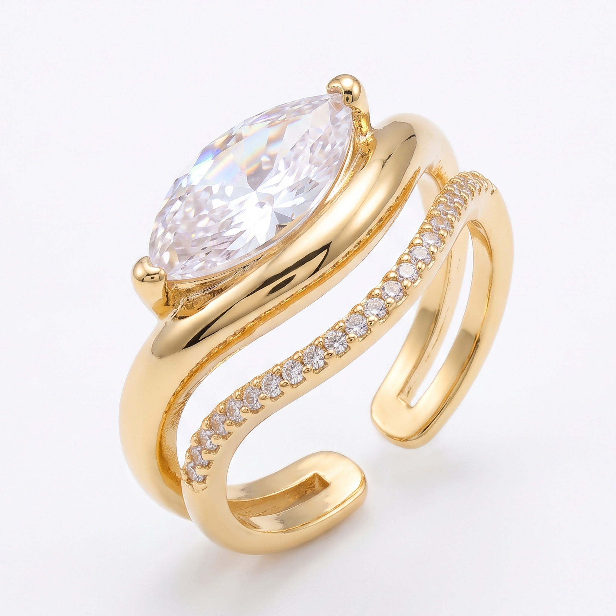 Marquise Solitaire Double-Band Gold Adjustable Ring