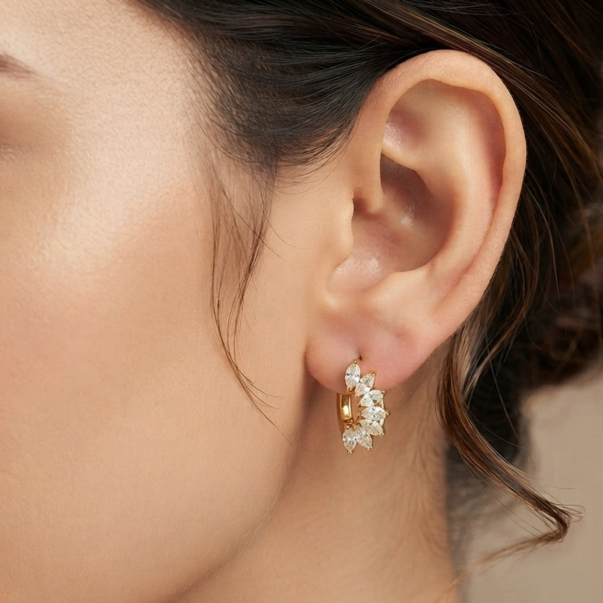 Clear Marquise Fan Gold Huggie Hoop Earrings