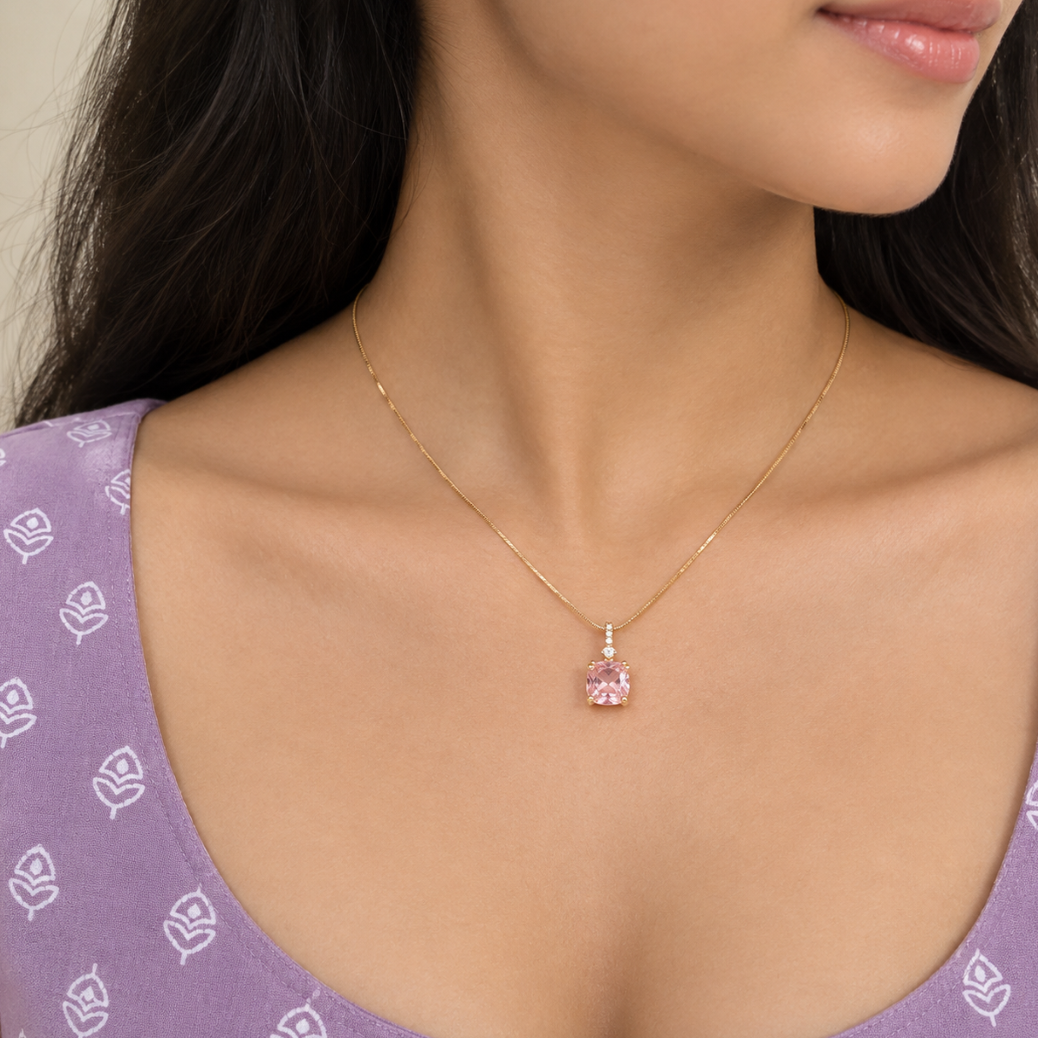 Anti-Tarnish Champagne Cushion-Cut Solitaire Pendant Necklace