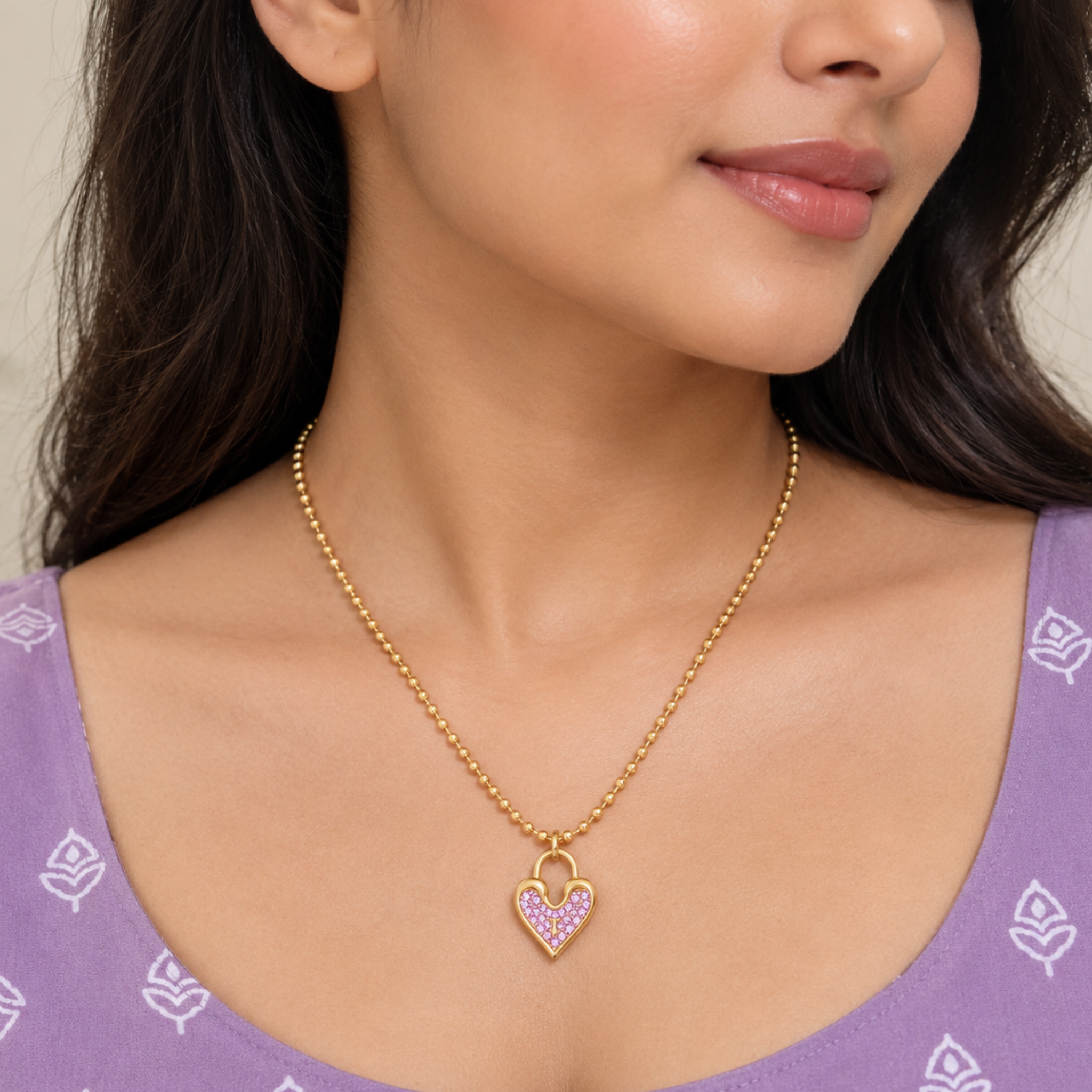Anti-Tarnish Pink Crystal Heart Lock Initial 'T' Gold Pendant Necklace