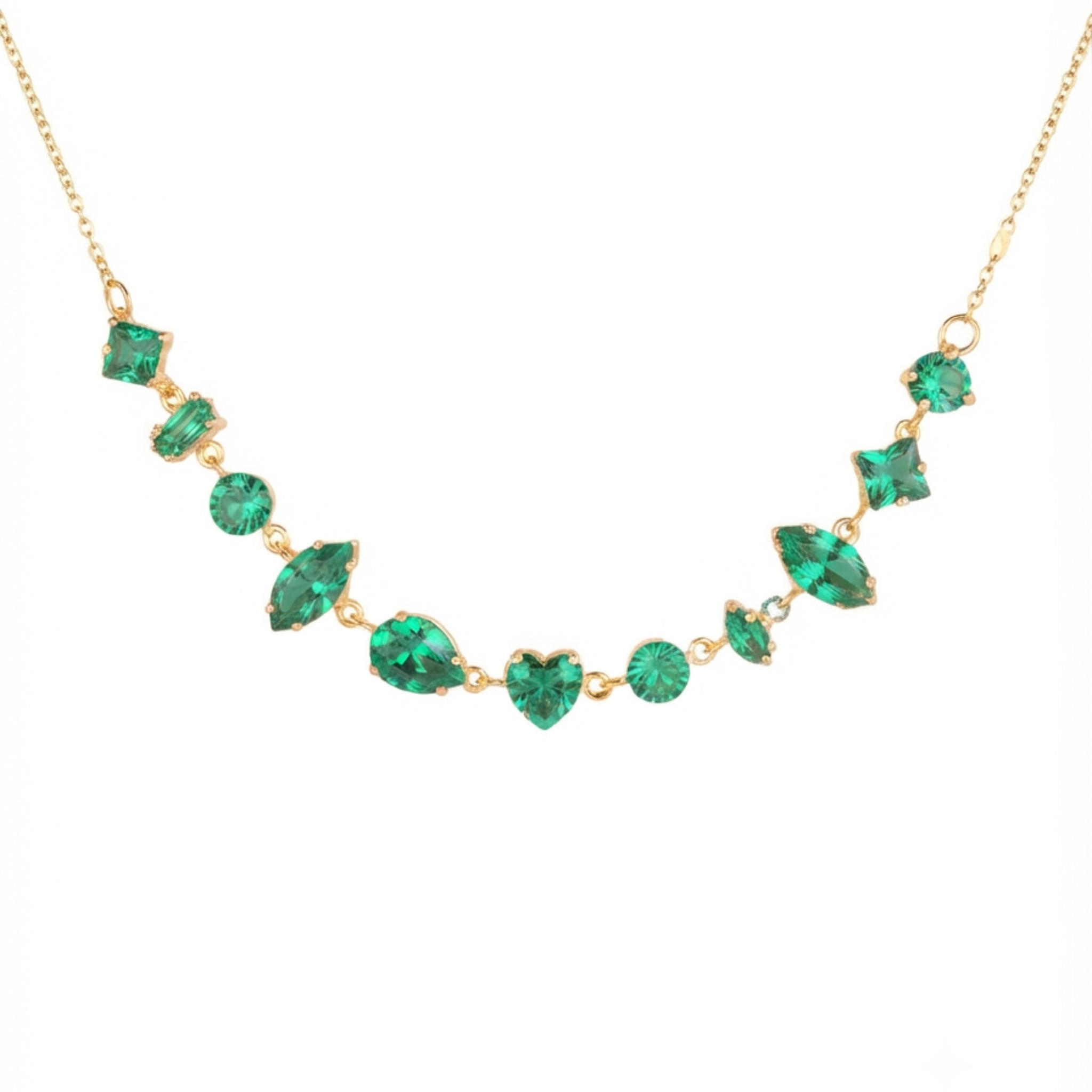 Anti-Tarnish Multi-Cut Emerald-Green Crystal Station Gold Necklace