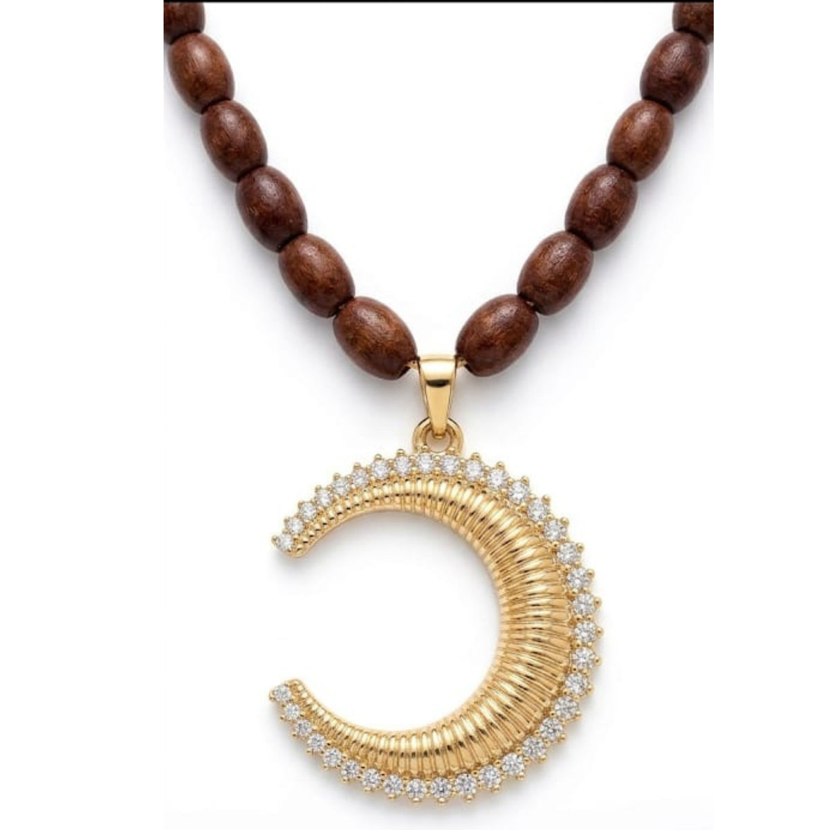 Anti-Tarnish Textured Crescent Moon Crystal Gold Pendant Necklace