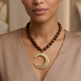 Anti-Tarnish Textured Crescent Moon Crystal Gold Pendant Necklace