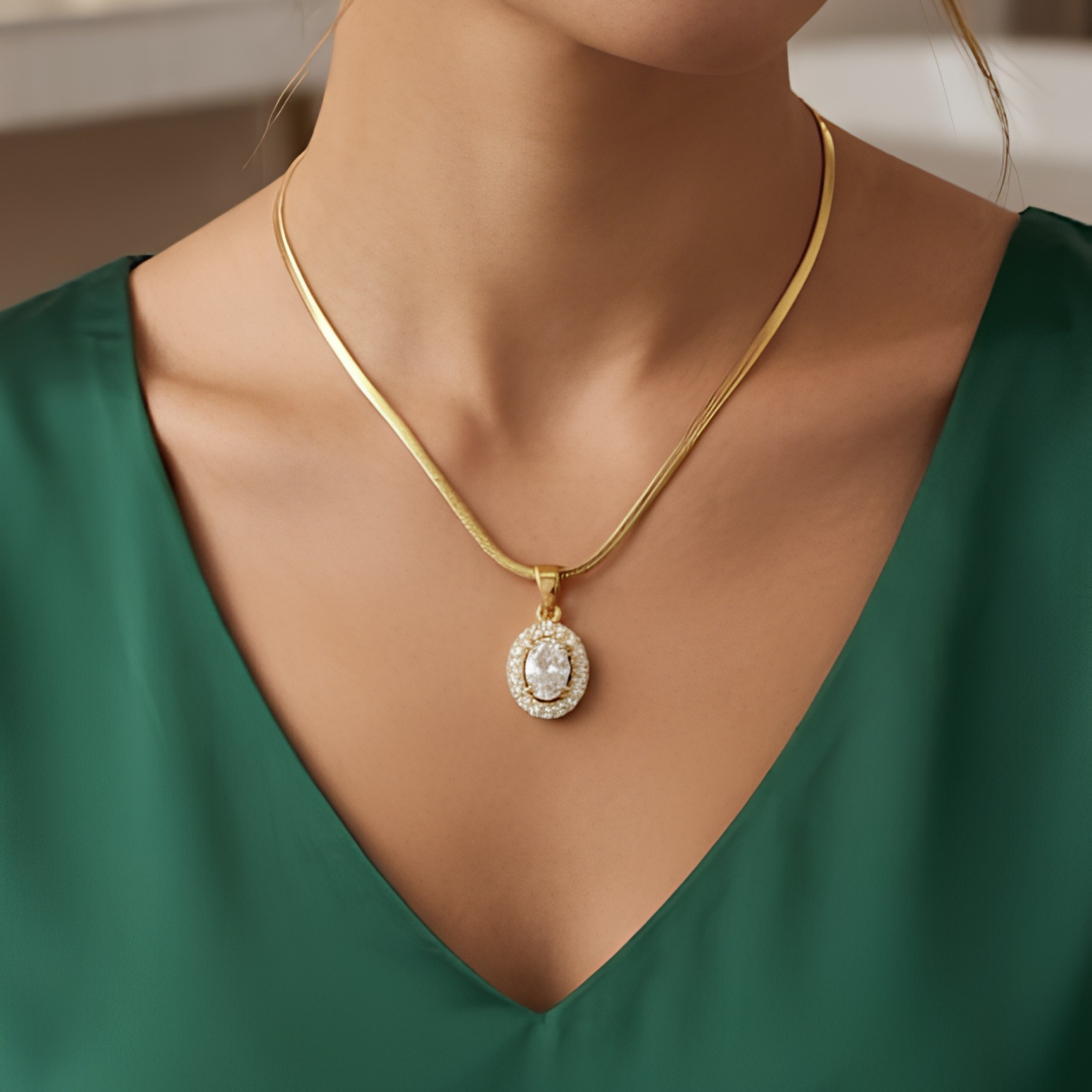 Anti-Tarnish Oval Solitaire Halo Gold Pendant Necklace