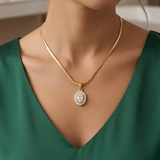 Anti-Tarnish Oval Solitaire Halo Gold Pendant Necklace