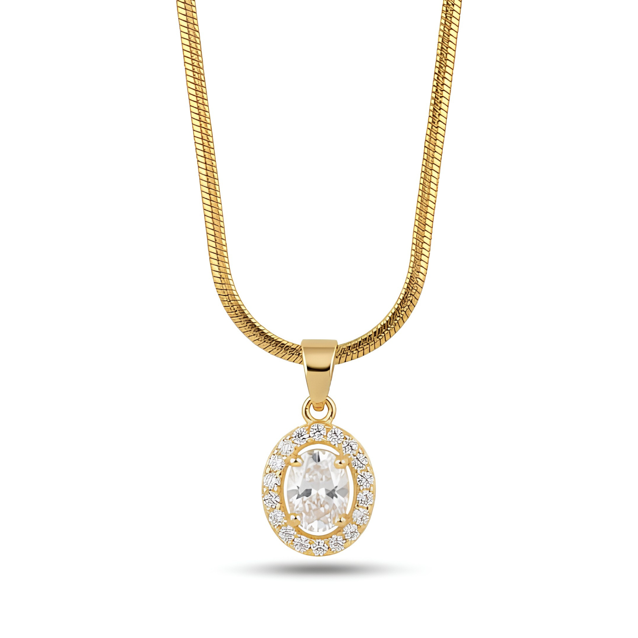 Anti-Tarnish Oval Solitaire Halo Gold Pendant Necklace