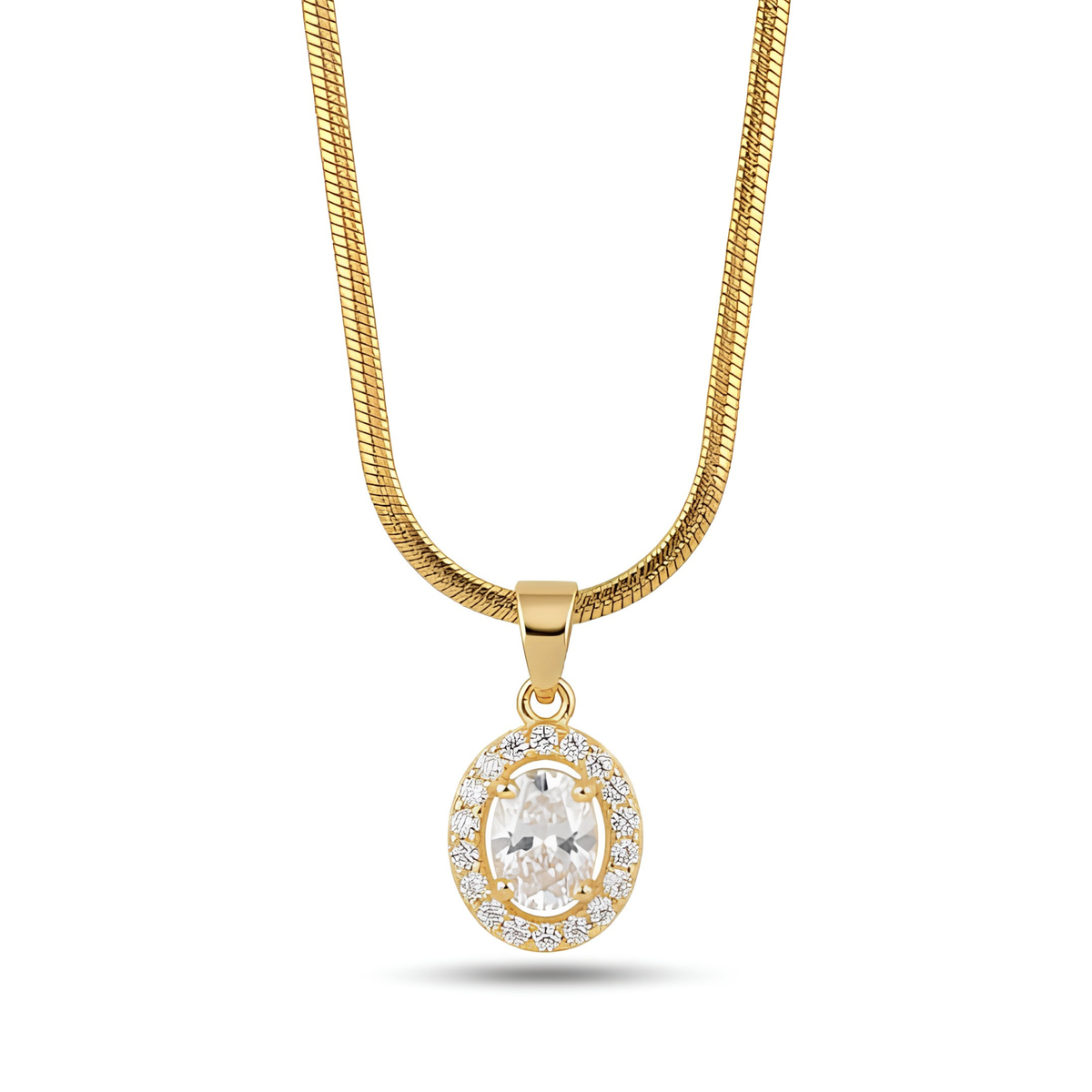 Anti-Tarnish Oval Solitaire Halo Gold Pendant Necklace