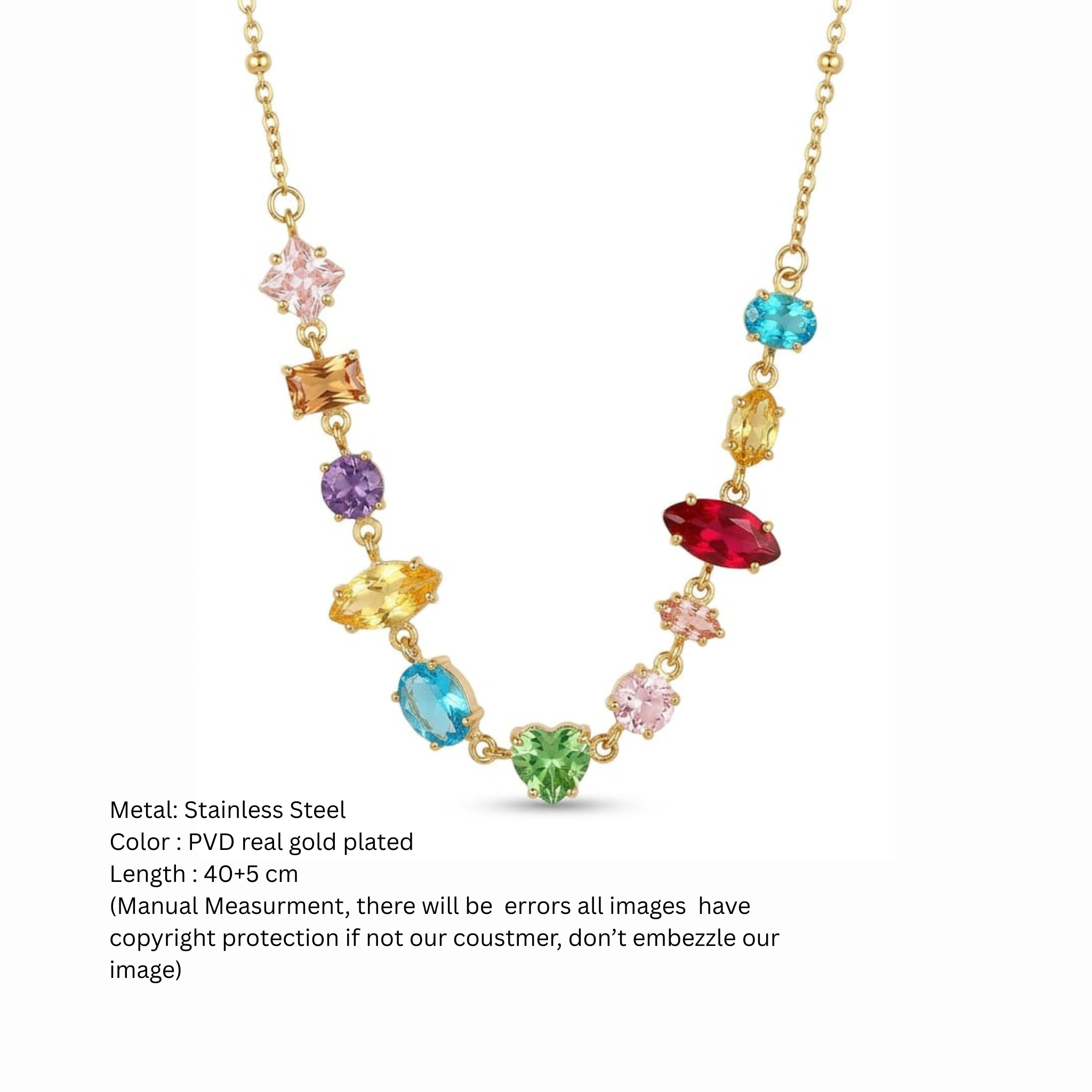 Anti-Tarnish Rainbow Multi-Cut Gemstone Gold Station Necklace