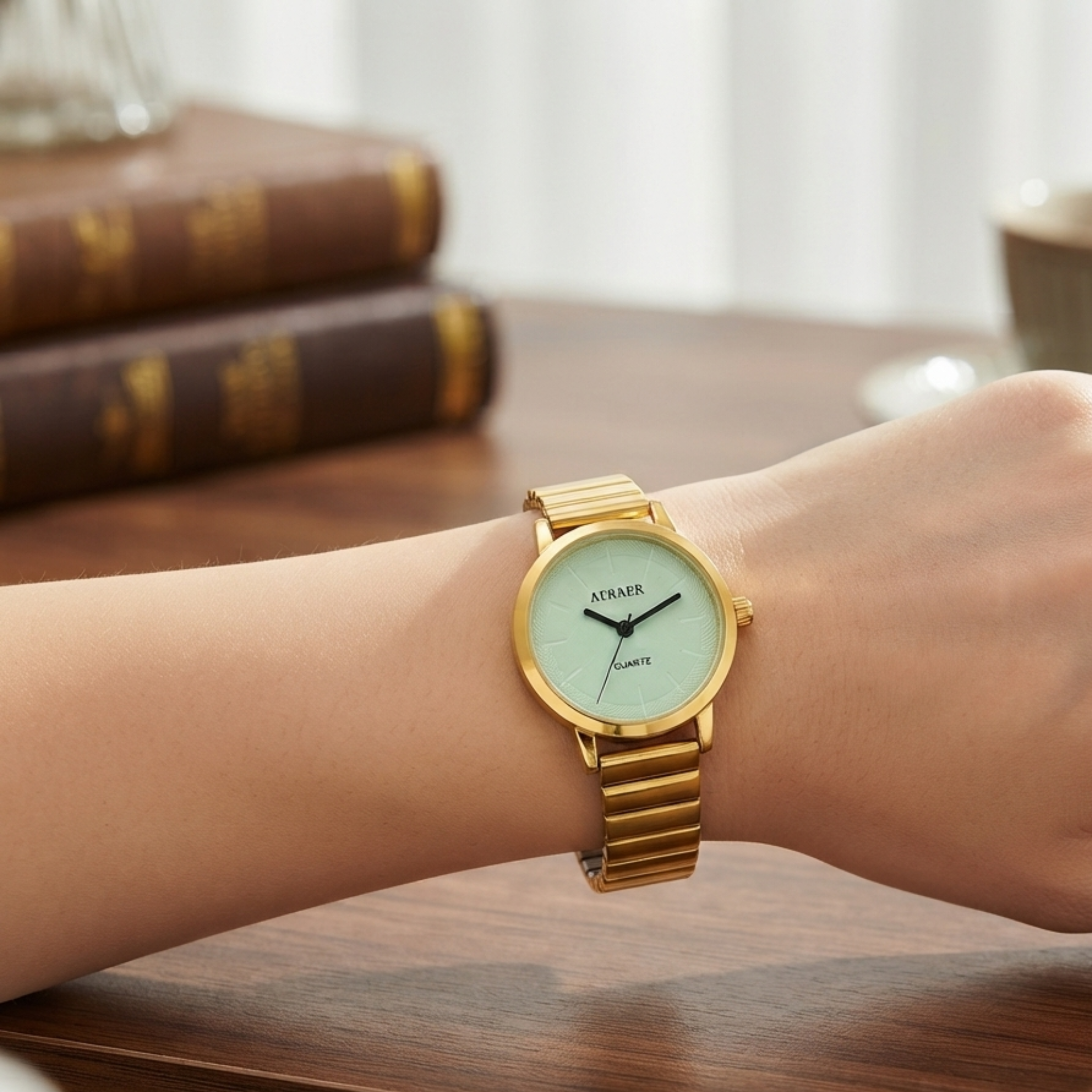 Atraer Classic Gold-Tone Watch with Textured Mint Green Dial & Flexible Expansion Band