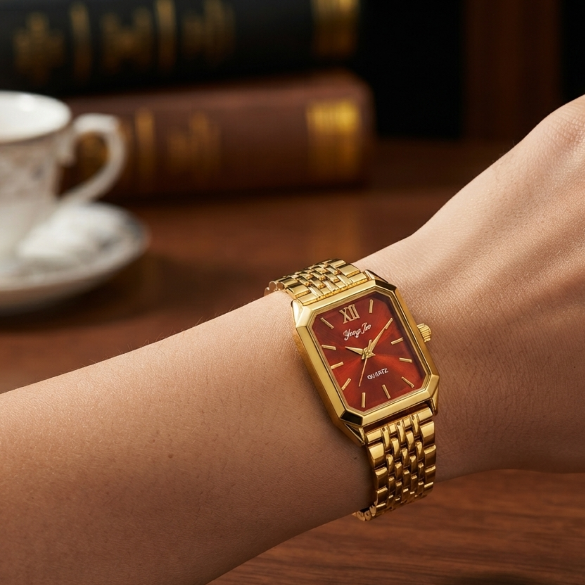 Yong Jie Gold-Tone Rectangular Watch with Fiery Red Dial & Textured Link Bracelet