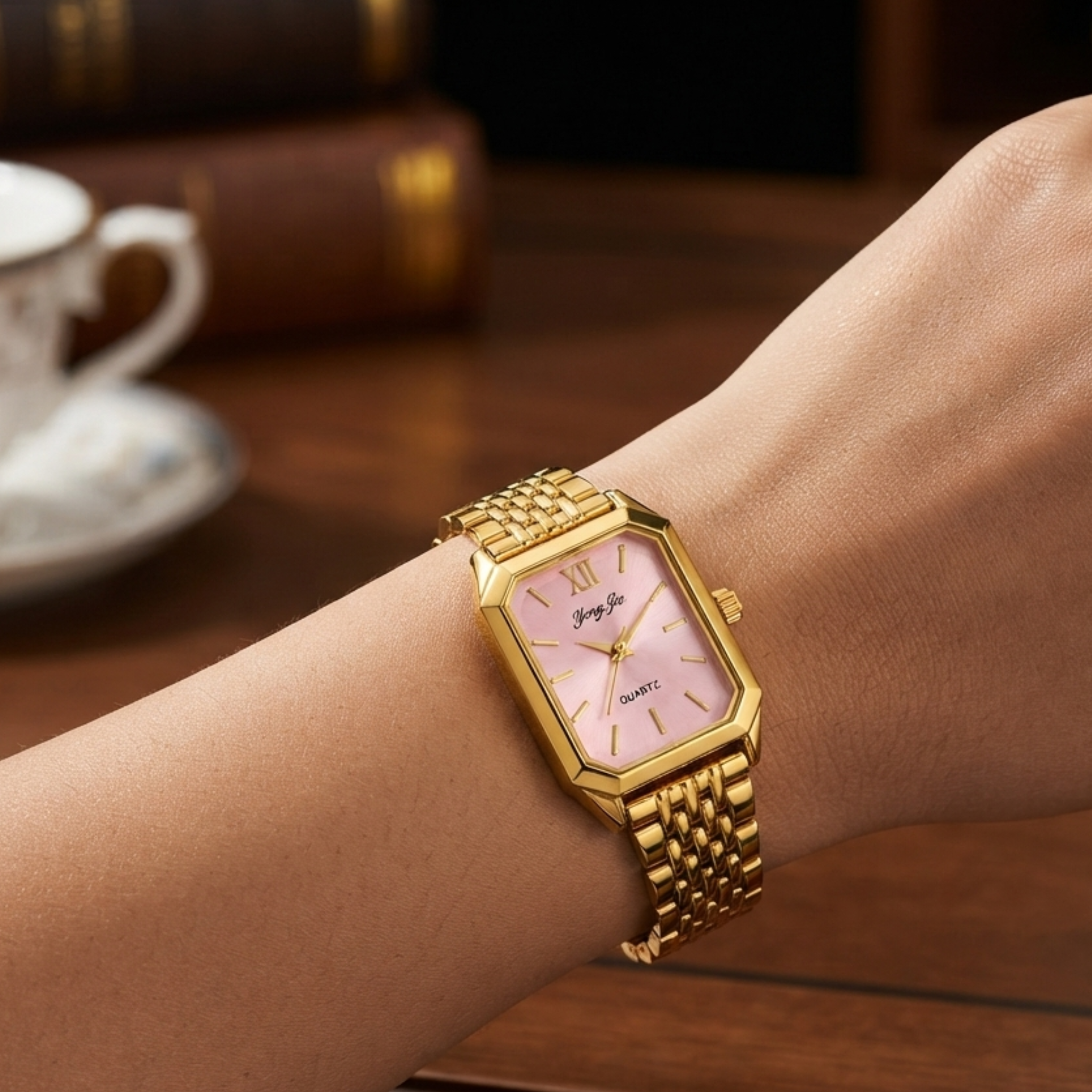 Yong Jie Gold-Tone Rectangular Watch with Pink Sunburst Dial & Textured Link Bracelet